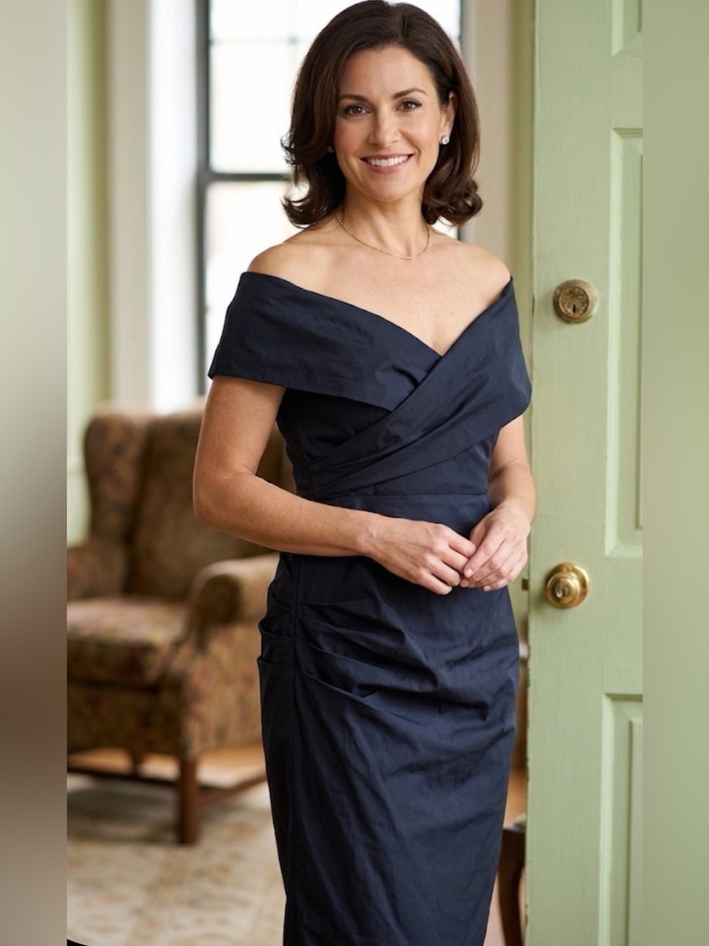 Talbot Runhof Dress Size 14 off shoulder ruched dark navy